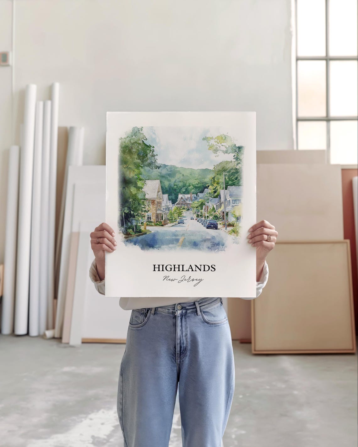 Highlands New Jersey Watercolor Hillside Street Greenery Travel Poster - Image 4