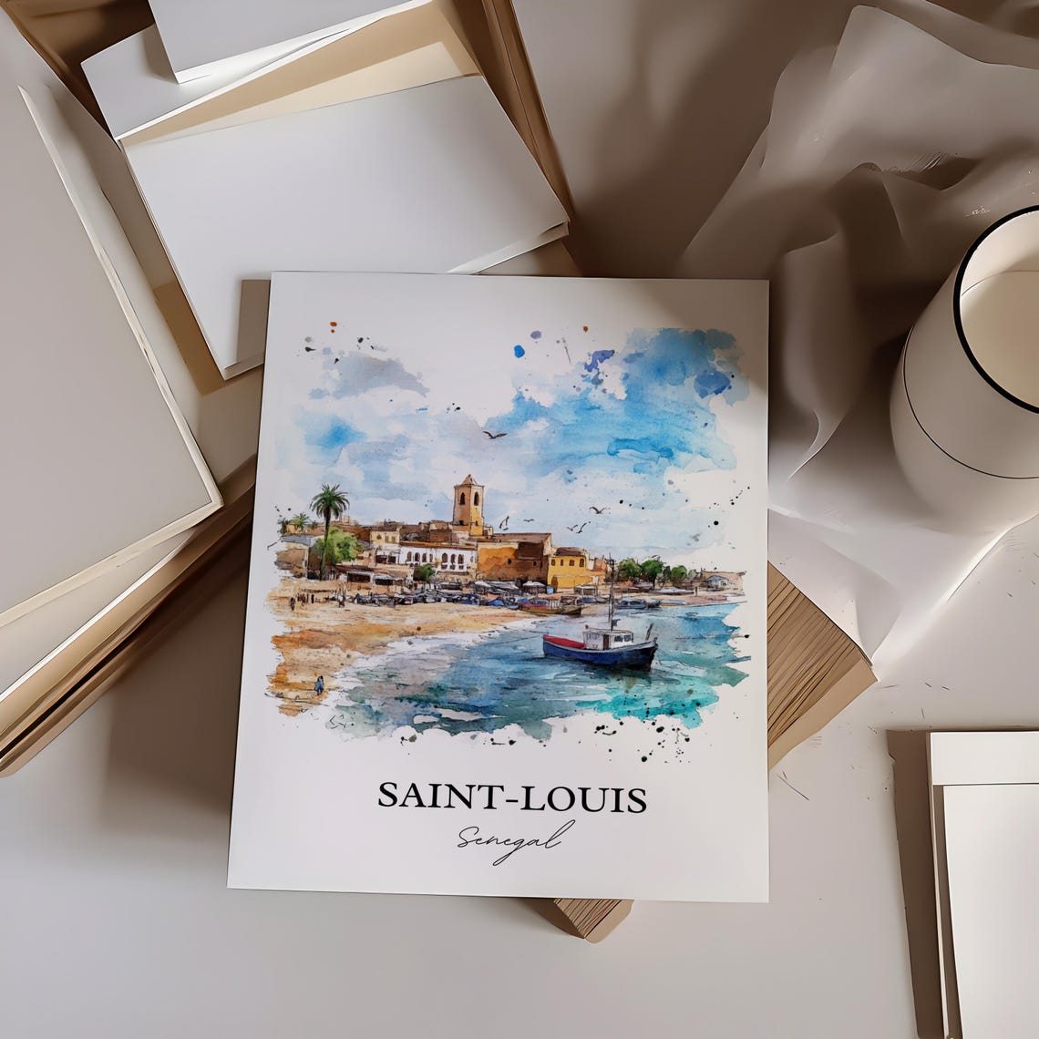 Saint Louis Senegal Beach Fishing Boats Watercolor Art Poster - Image 4