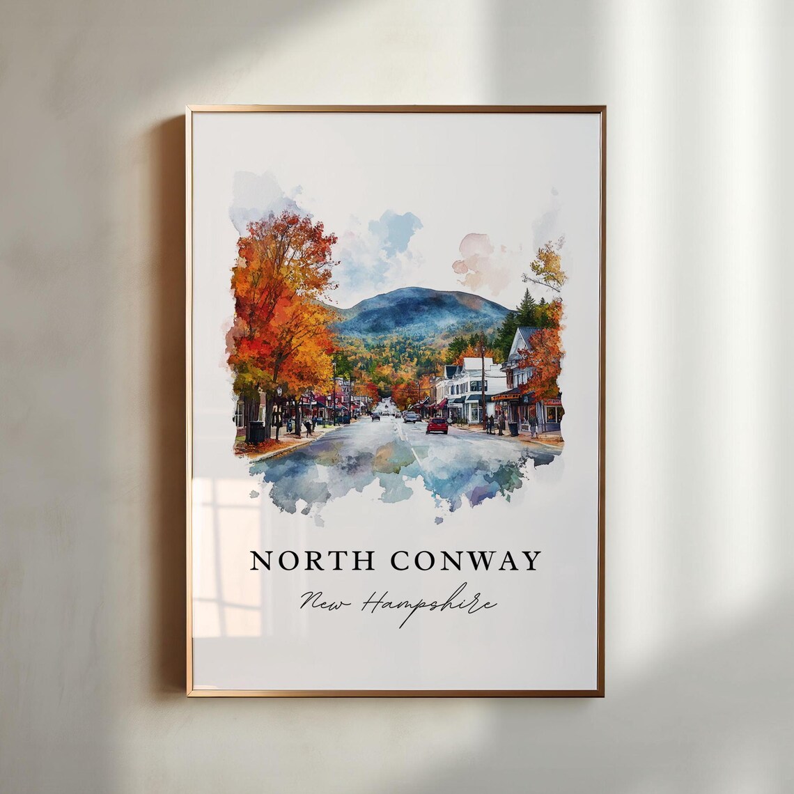 North Conway NH Watercolor Travel Poster, Mt Washington