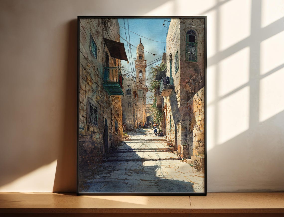 Old Stone Alley Bell Tower Mediterranean Watercolor Travel Poster
