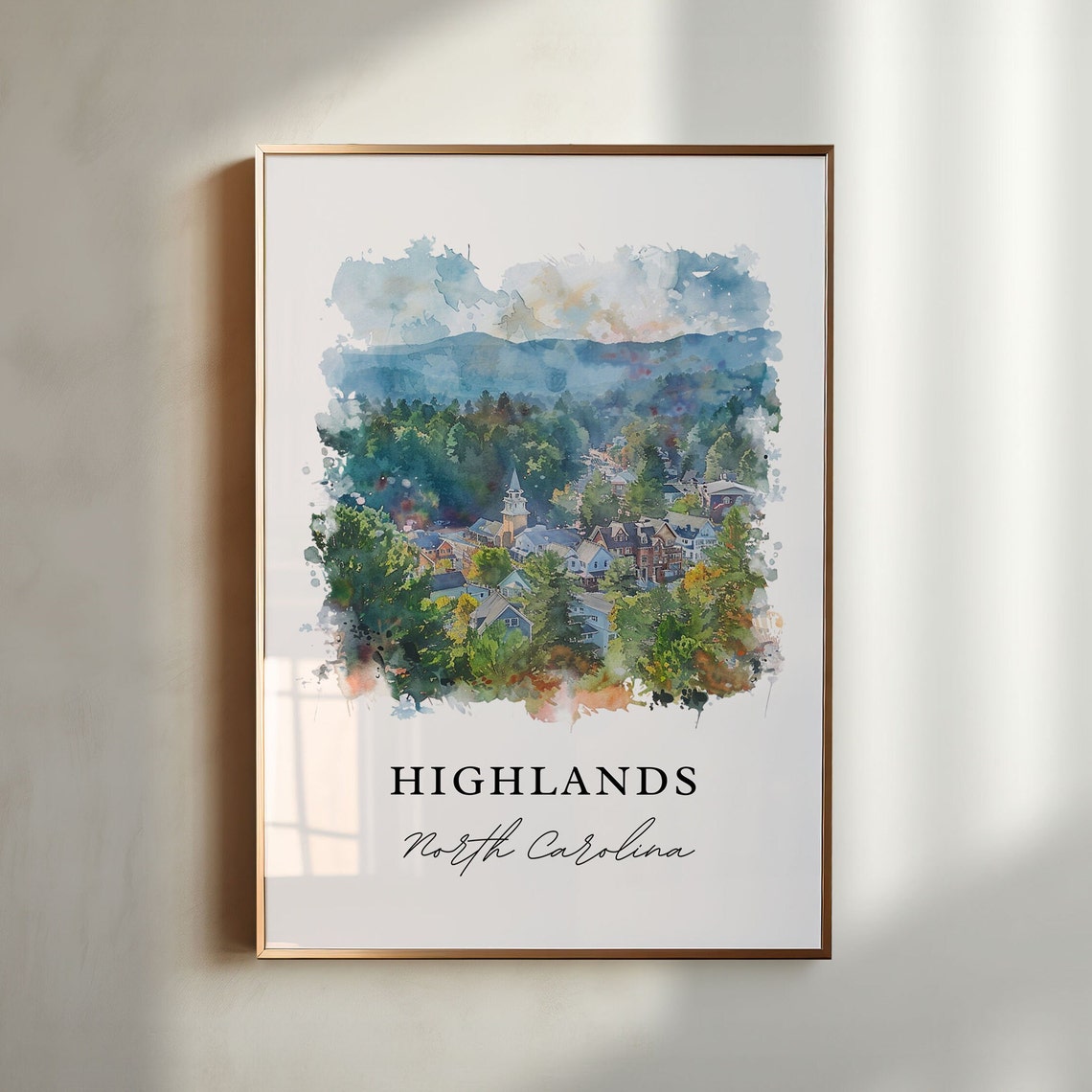 Highlands North Carolina Watercolor Mountain Town Scene Poster