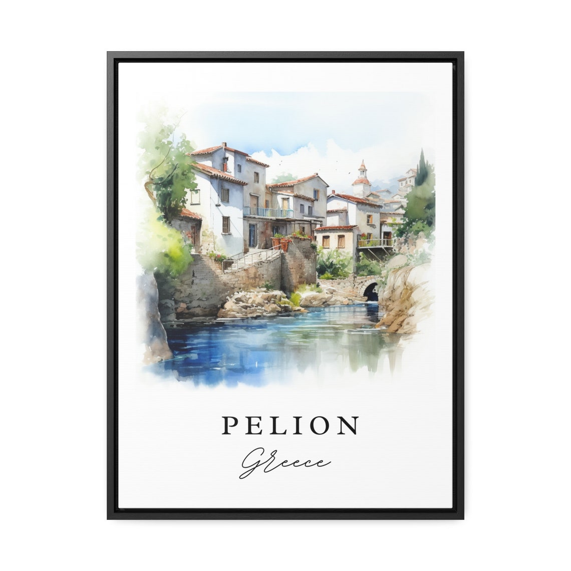 Pelion Greece Watercolor Riverside Village Travel Scene Poster - Image 2