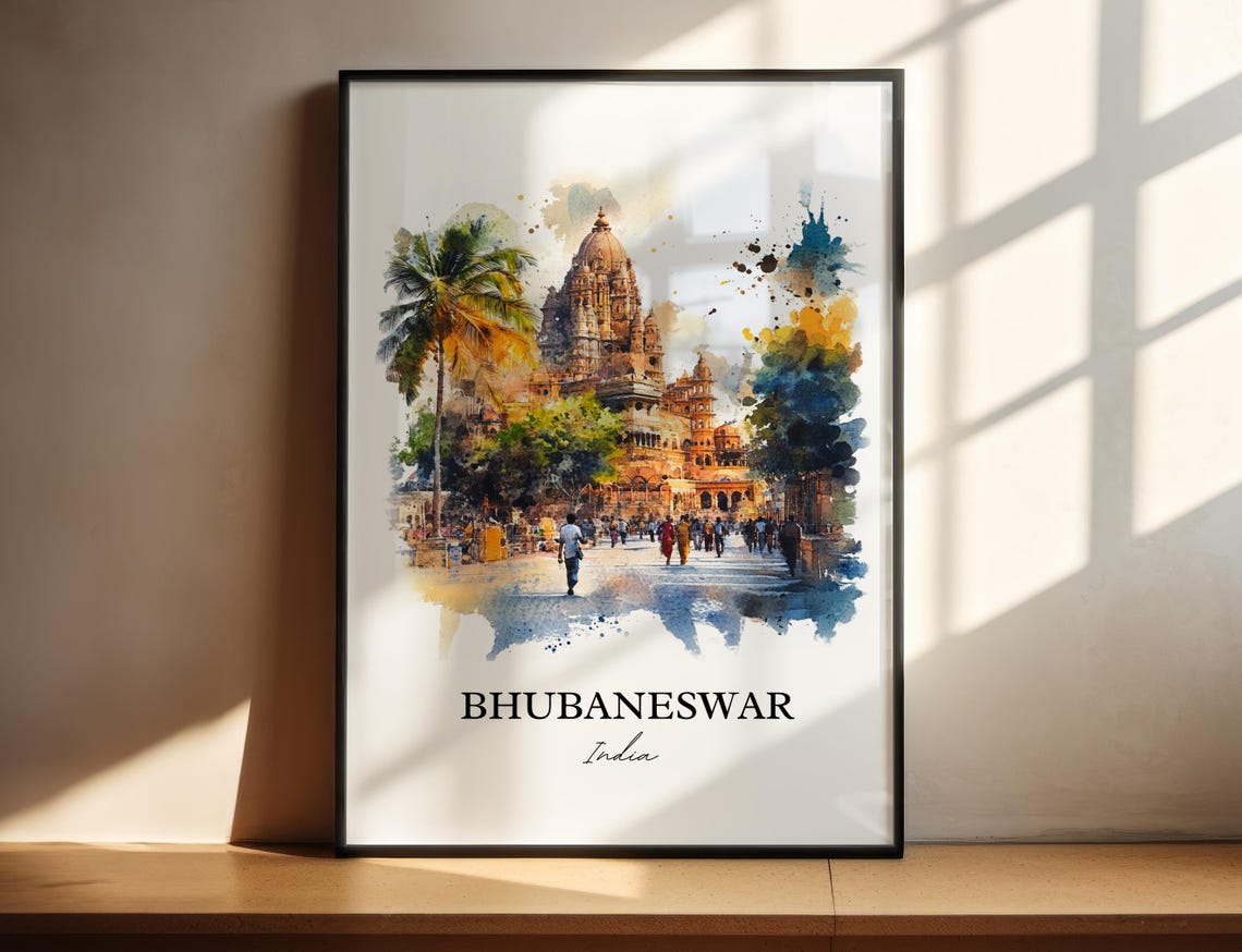 Bhubaneswar India Watercolor Ancient Temple Street Scene Poster