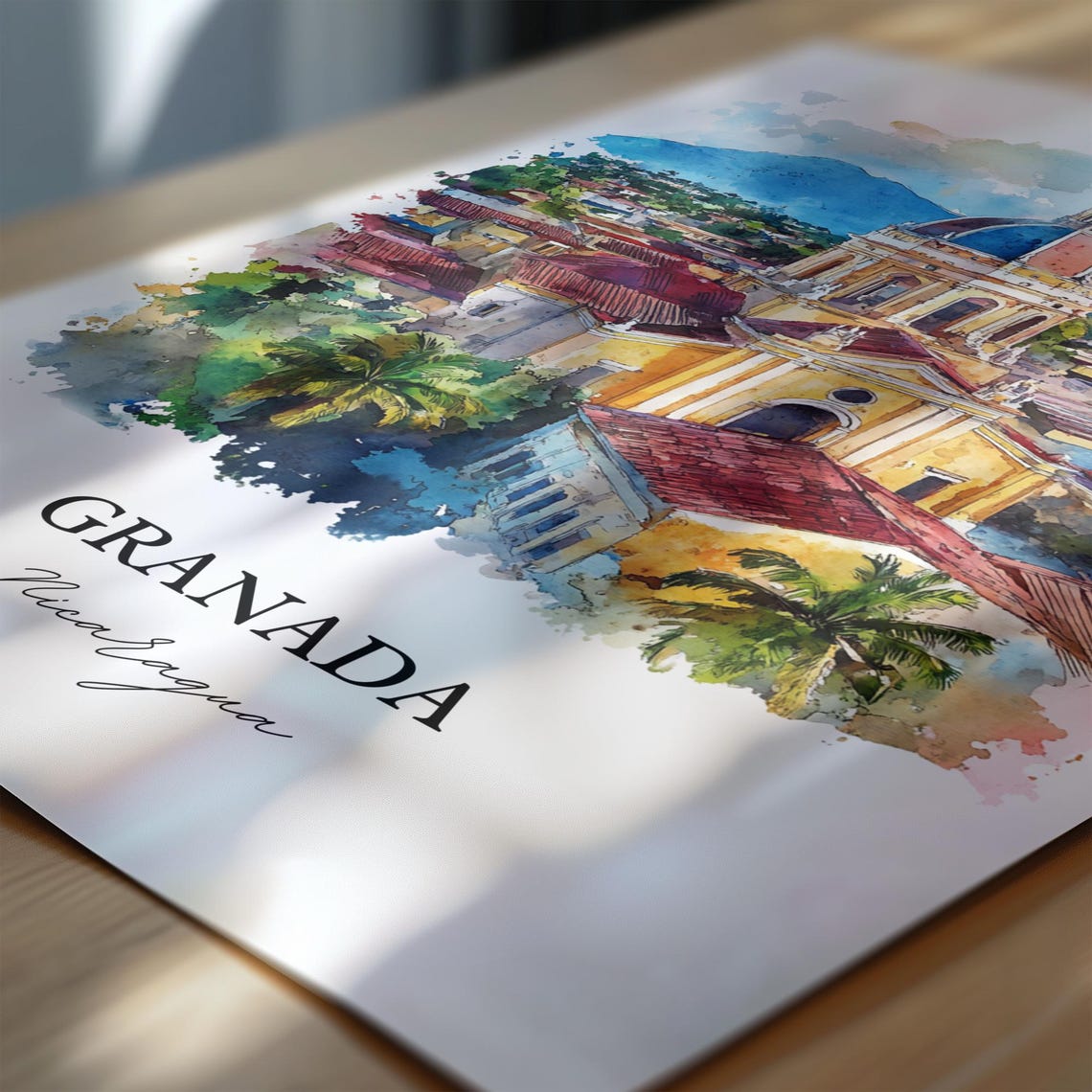 Granada Nicaragua Colonial Cathedral Aerial Watercolor Travel Poster - Image 6