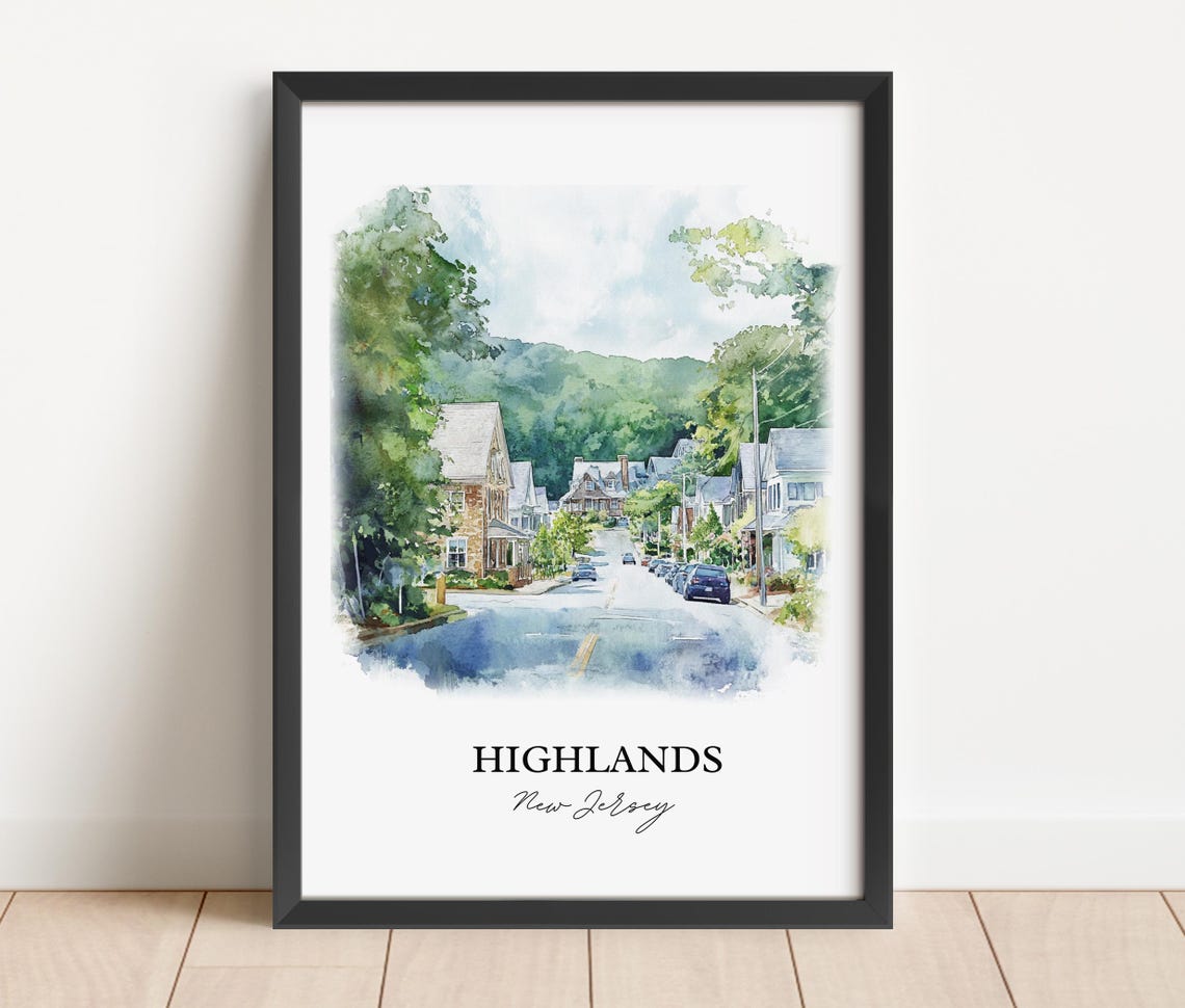 Highlands New Jersey Watercolor Hillside Street Greenery Travel Poster - Image 2