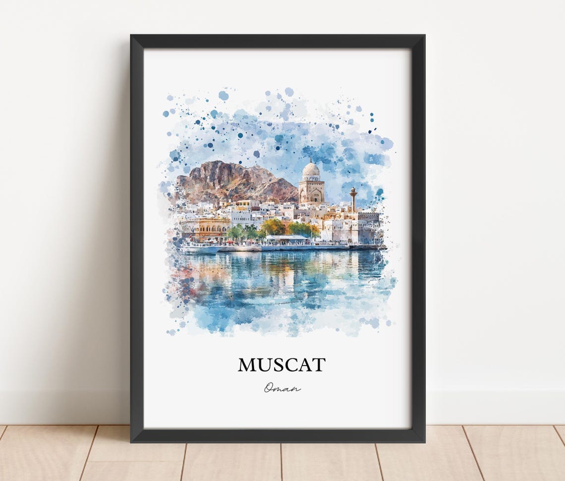 Muscat Oman Watercolor Harbor Cityscape Arabia Travel Poster - Image 3