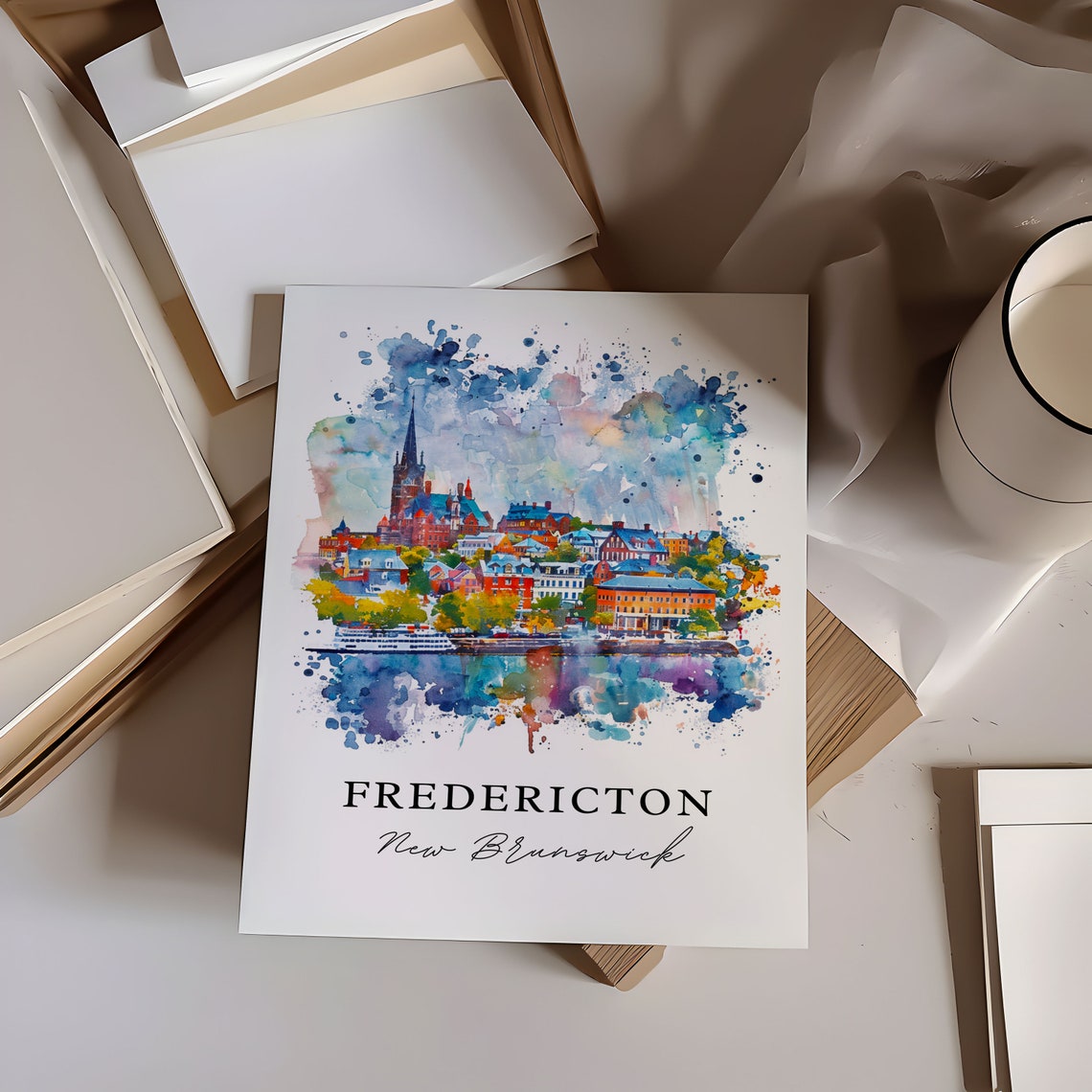 Fredericton New Brunswick Watercolor City Spire Waterfront Poster - Image 6