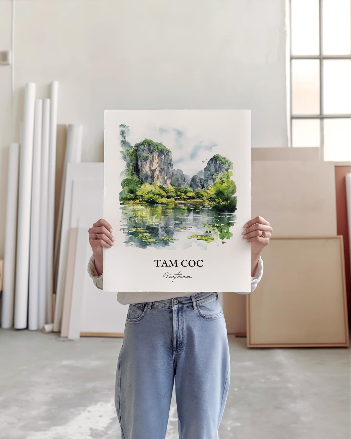 Tam Coc Vietnam Watercolor Limestone Karst River Landscape Poster - Image 5