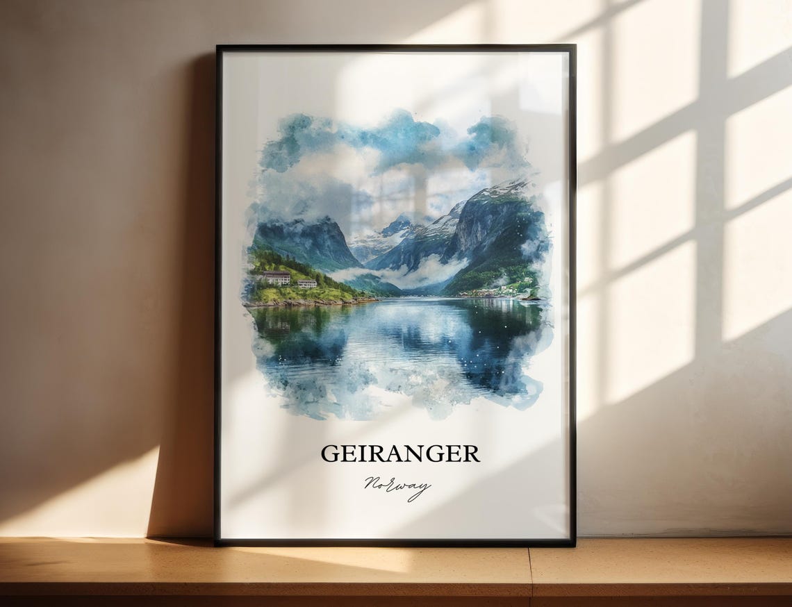 Geiranger Norway Watercolor Fjord Mountains Lake View Poster
