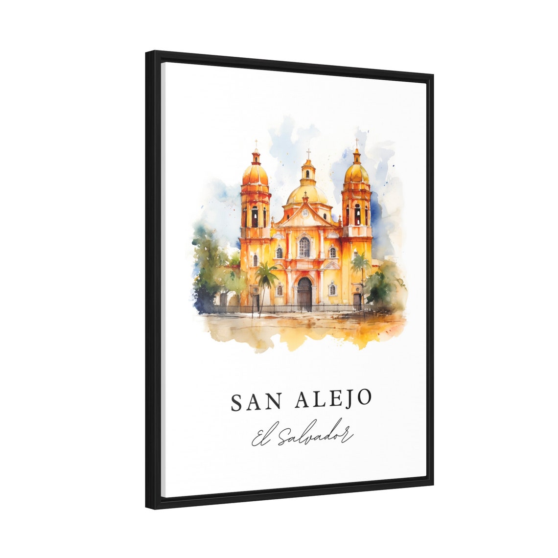 San Alejo El Salvador Golden Church Watercolor Travel Poster - Image 2