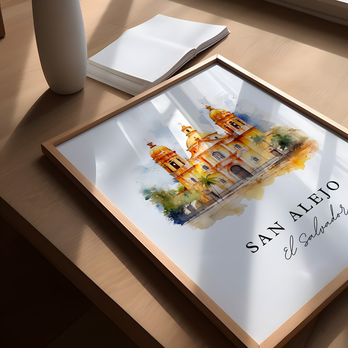 San Alejo El Salvador Golden Church Watercolor Travel Poster - Image 5
