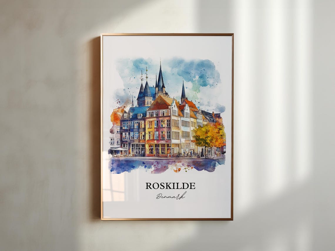 Roskilde Denmark Colorful Old Town and Spires Watercolor Poster - Image 5