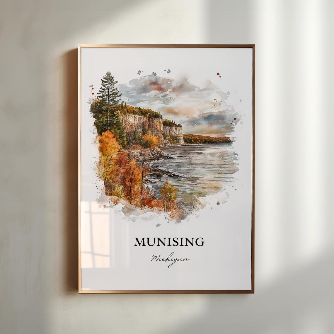 Munising Michigan Watercolor Fall Cliffs Lakeshore Art Poster