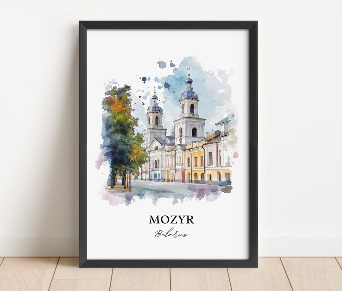 Mozyr Belarus Domed Church Over the Old Town Watercolor Poster - Image 4