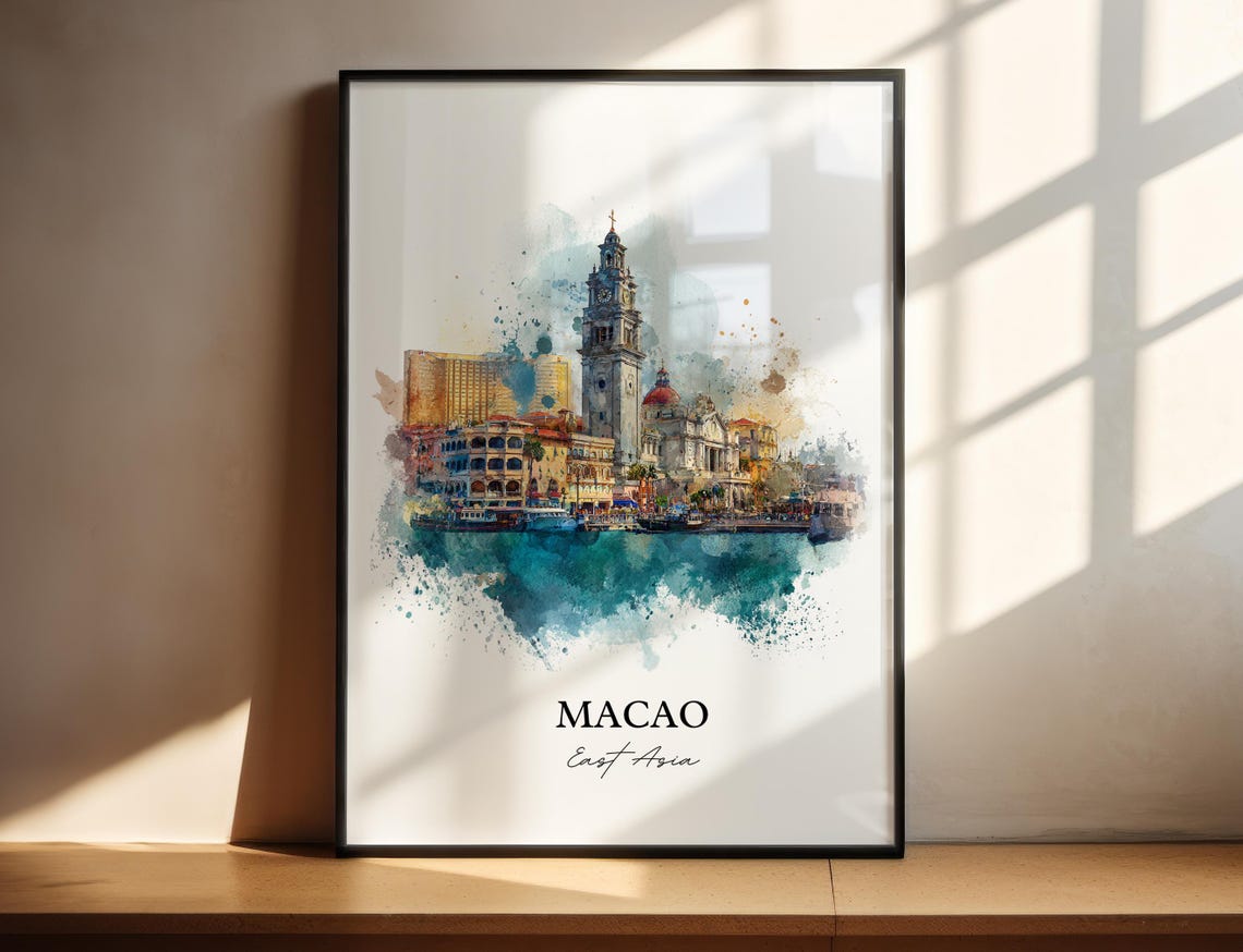 Macao East Asia Watercolor Historic Harbor Clock Tower Travel Poster