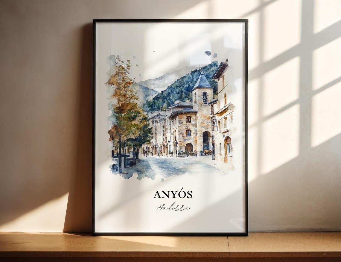 Anyós Andorra Mountain Street Watercolor Minimalist Travel Poster