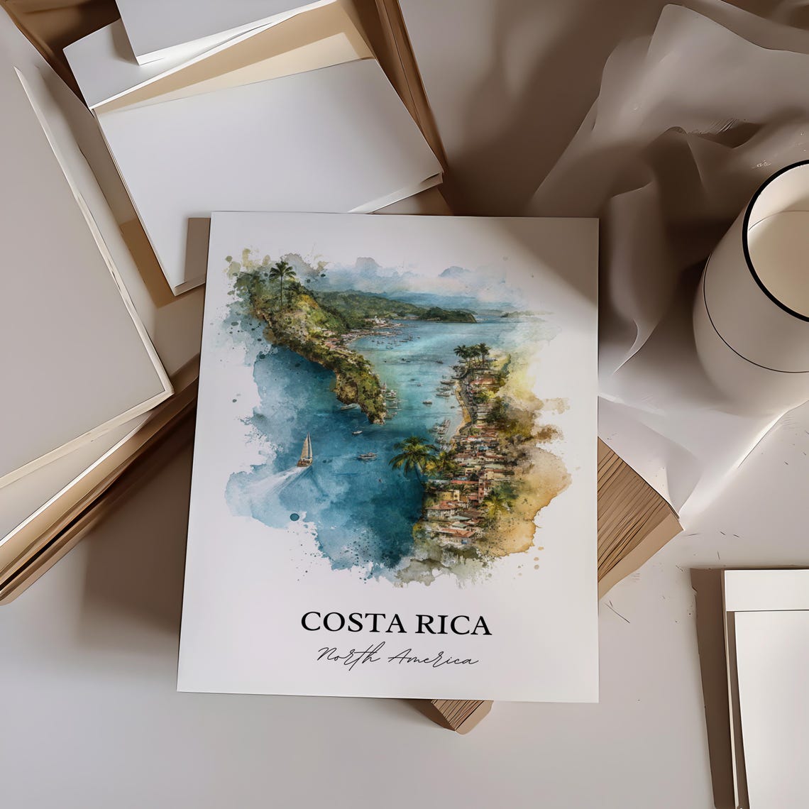 Costa Rica Tropical Coastline Sailboat Bay Watercolor Art Poster - Image 2