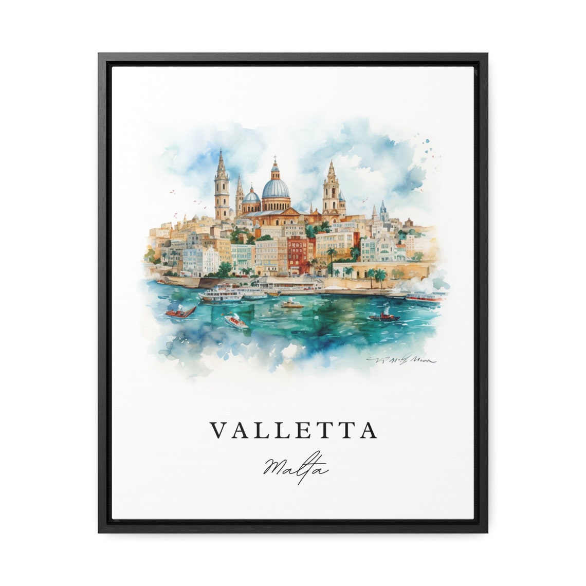 Valletta Malta Historic Harbor Skyline Watercolor Travel Poster - Image 3