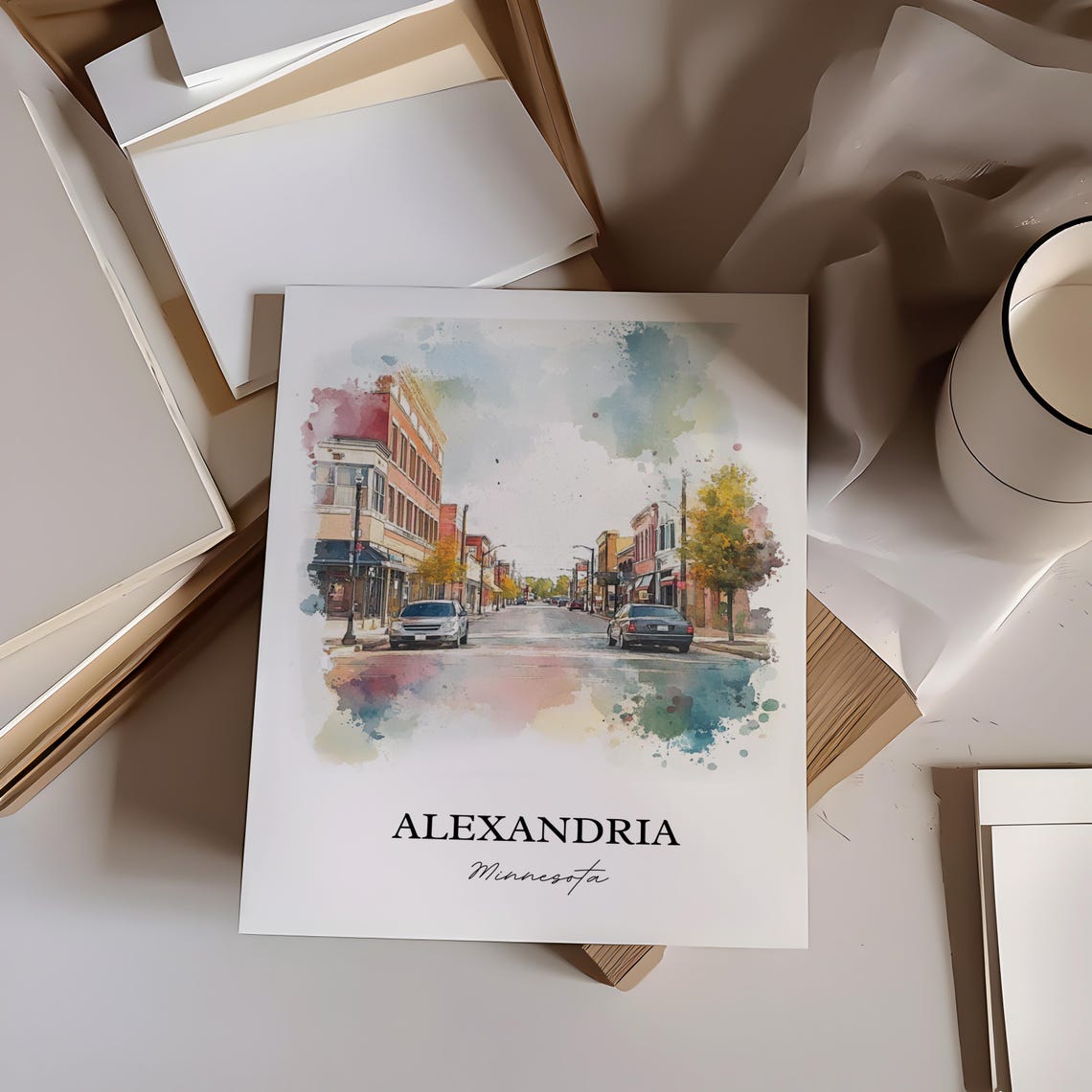 Alexandria Minnesota Main Street Brick Buildings Watercolor Art Poster - Image 5