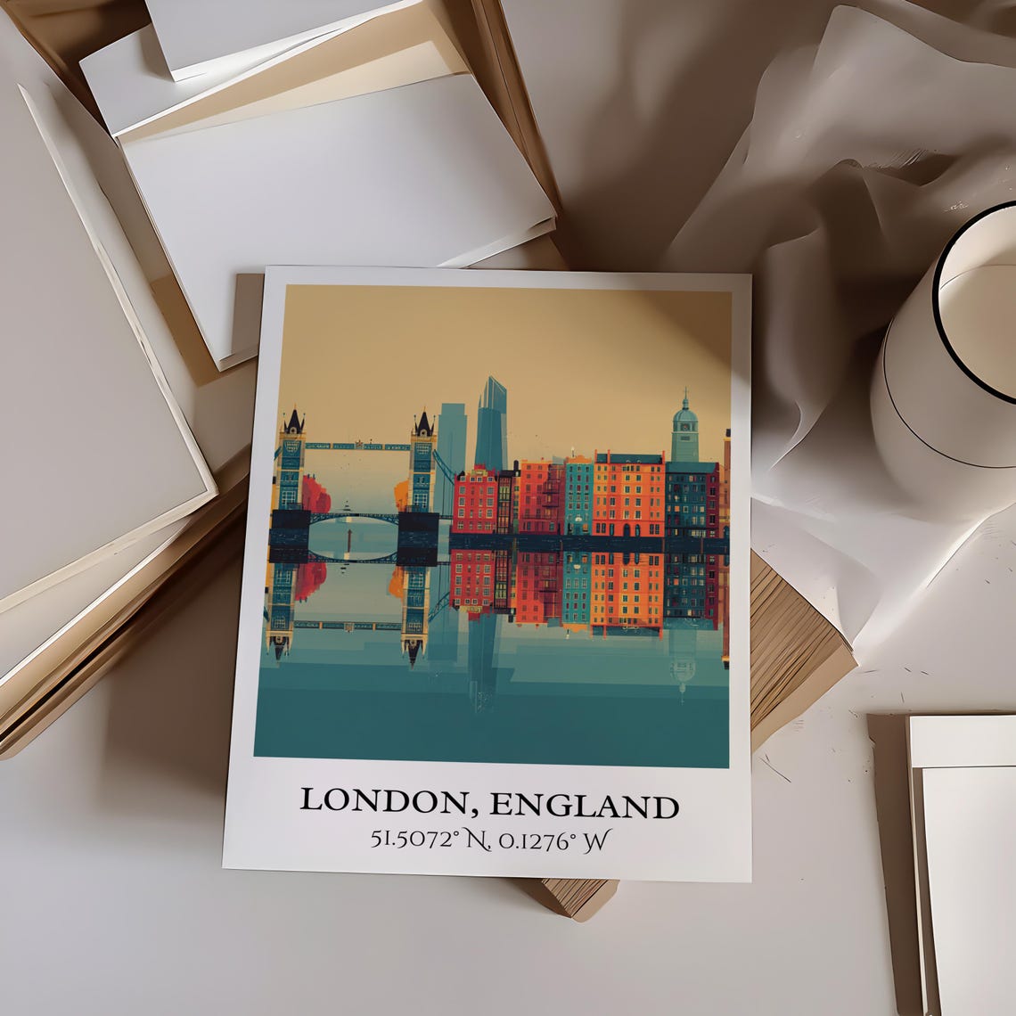 London England Tower Bridge Reflection Teal Vintage Style Art Poster - Image 4