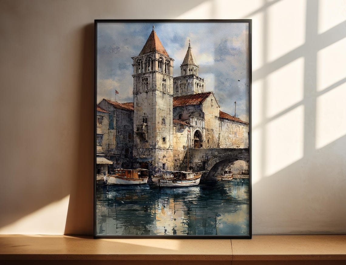 Charming Historic Stone Old Town Waterfront Harbor Watercolor Poster