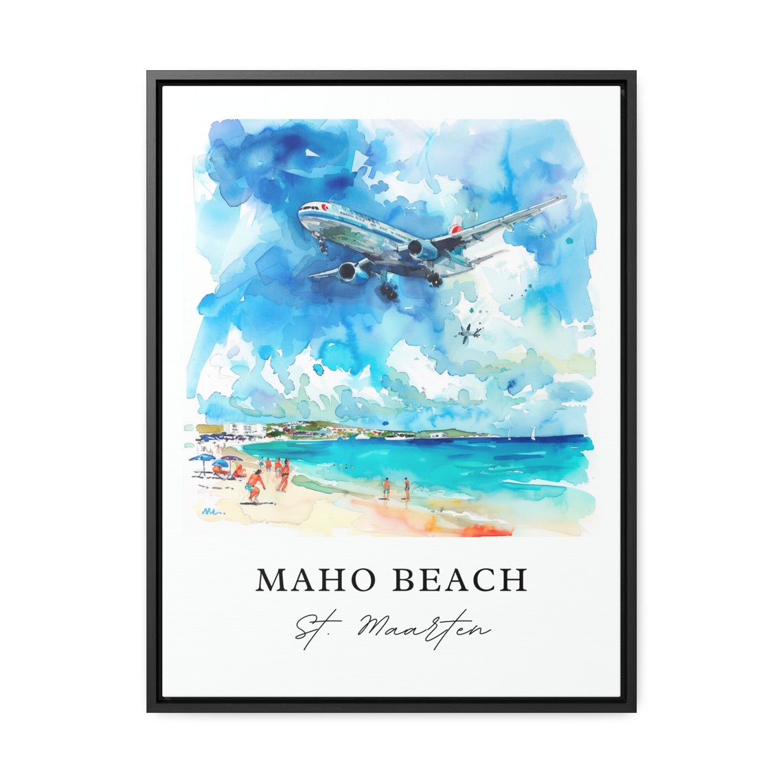 Maho Beach Saint Maarten Low Flying Jet Beach Watercolor Poster - Image 3