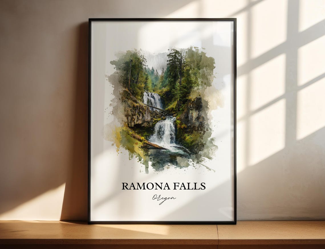 Ramona Falls Oregon Mount Hood Forest Waterfall Watercolor Poster