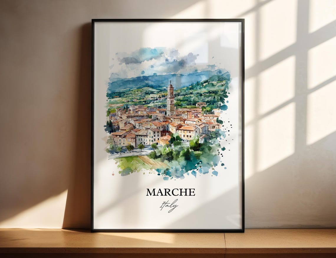 Marche Italy Hill Town Countryside Watercolor Scenic Travel Poster