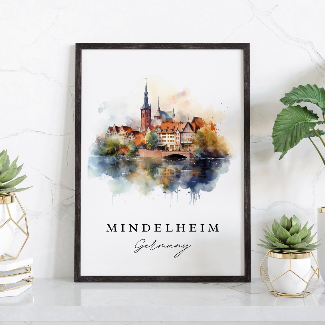 Mindelheim Germany Watercolor Old Town River Scene Travel Poster