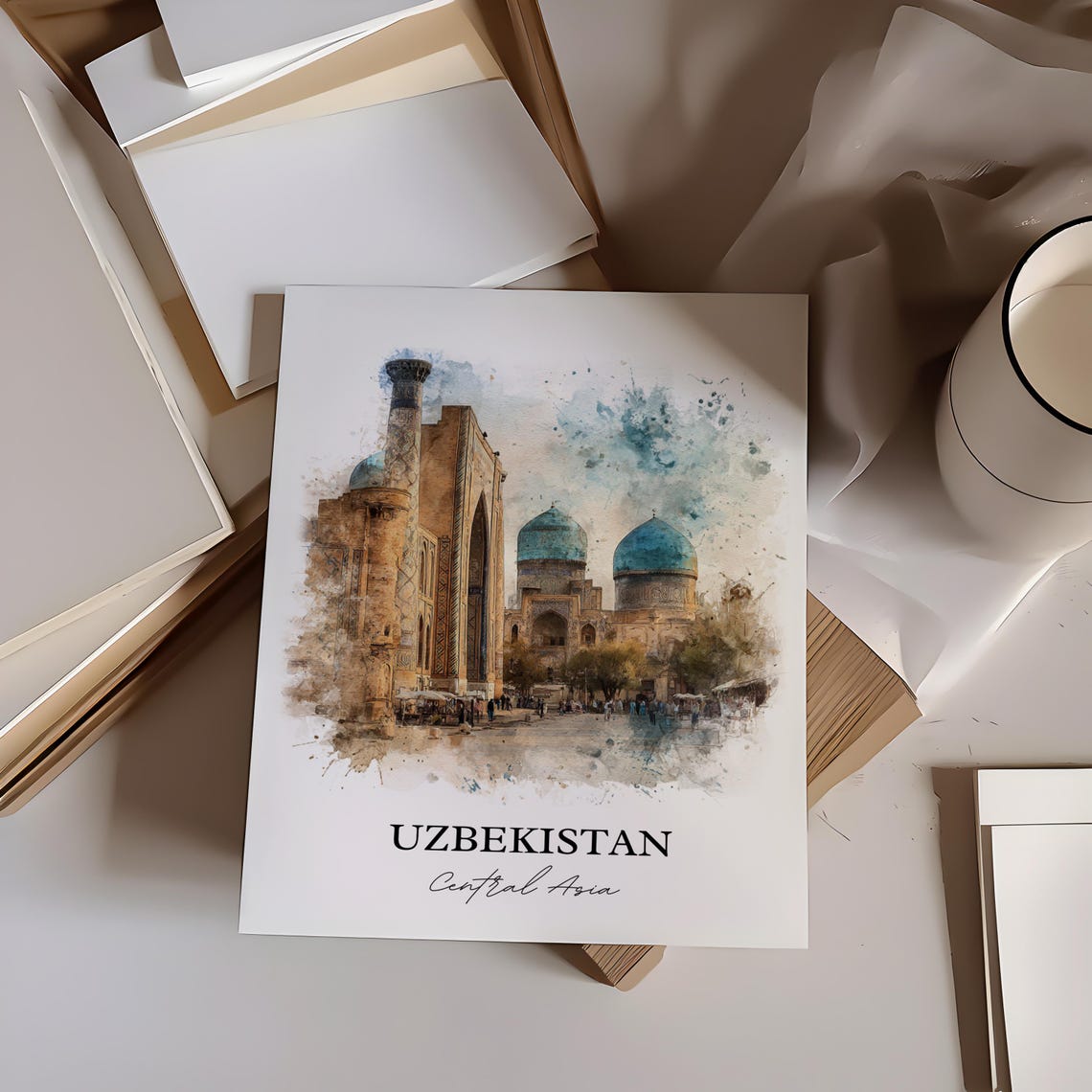 Uzbekistan Central Asia Watercolor Art Blue Dome Madrasa Poster - Image 4