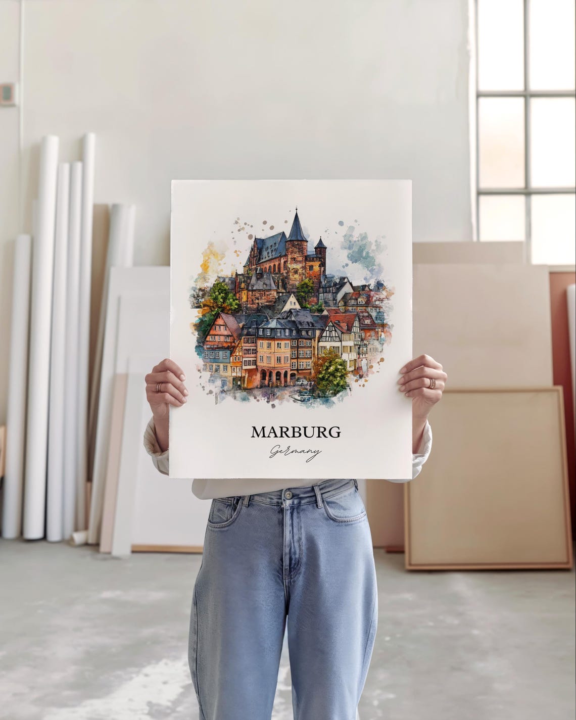 Marburg Germany Hilltop Castle Church Old Town Watercolor Poster - Image 5
