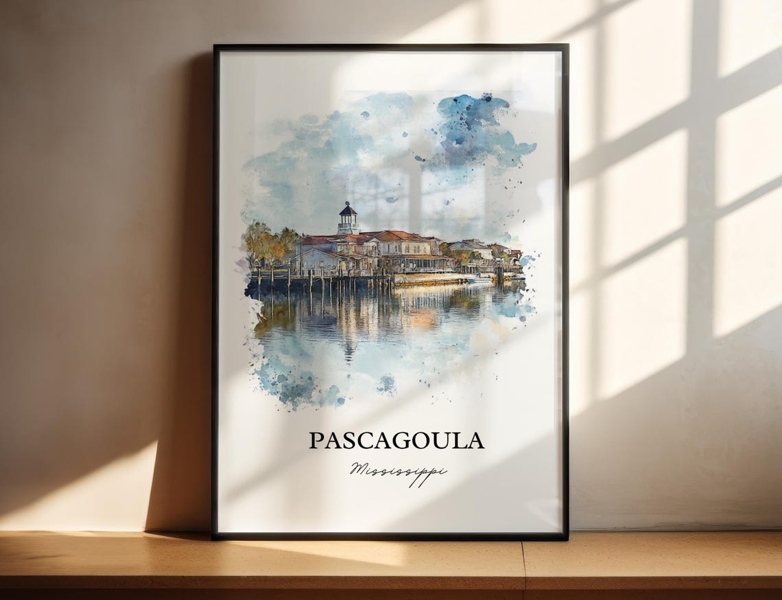 Pascagoula Mississippi Waterfront Buildings Watercolor Art Poster - Image 2