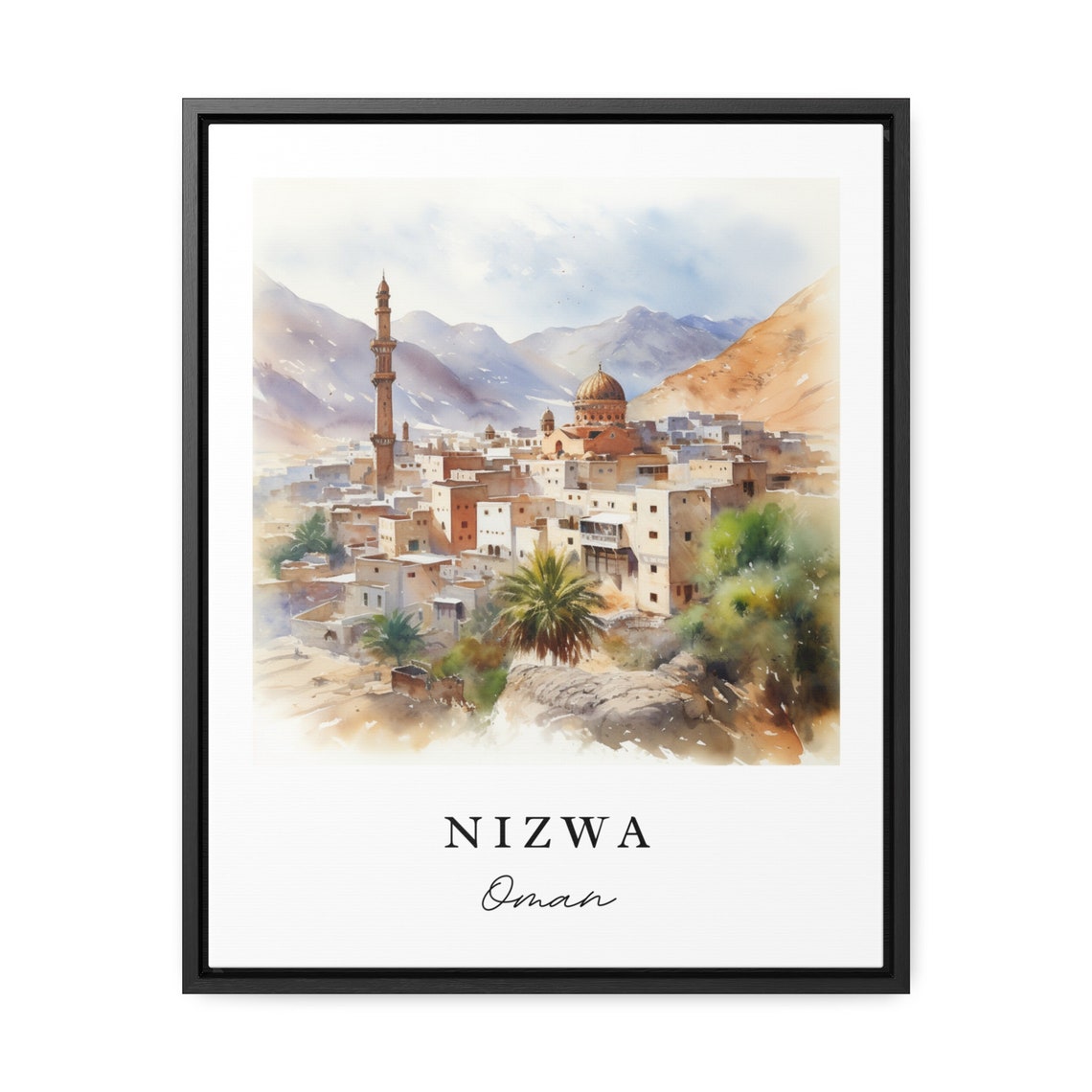 Nizwa Oman Watercolor Art Mountain Desert Town Minaret Poster - Image 3