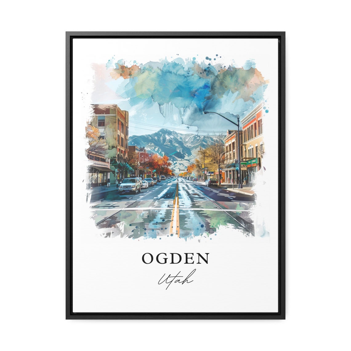 Ogden Utah Downtown Street Snowy Mountain Watercolor Cityscape Poster - Image 3