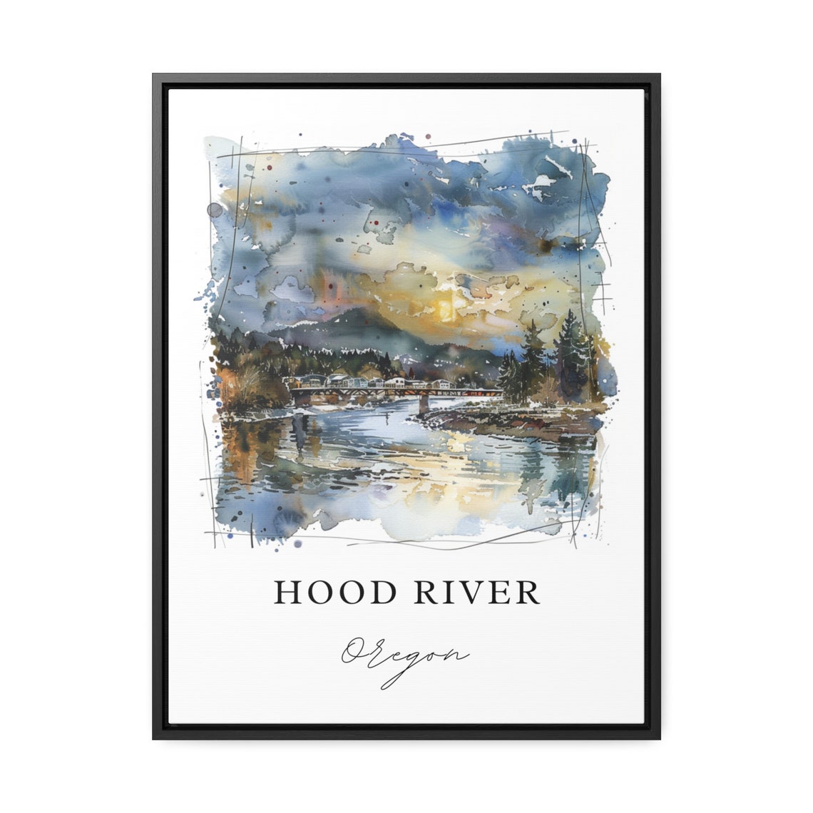 Hood River Oregon Watercolor Sunset Bridge Mountain View Poster - Image 3