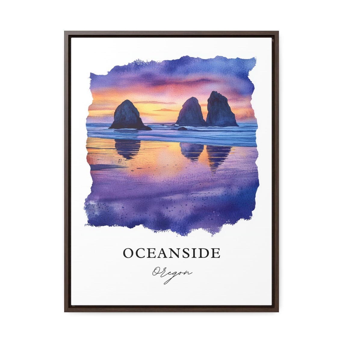 Oceanside Oregon Watercolor Sunset Sea Stacks Shoreline Poster