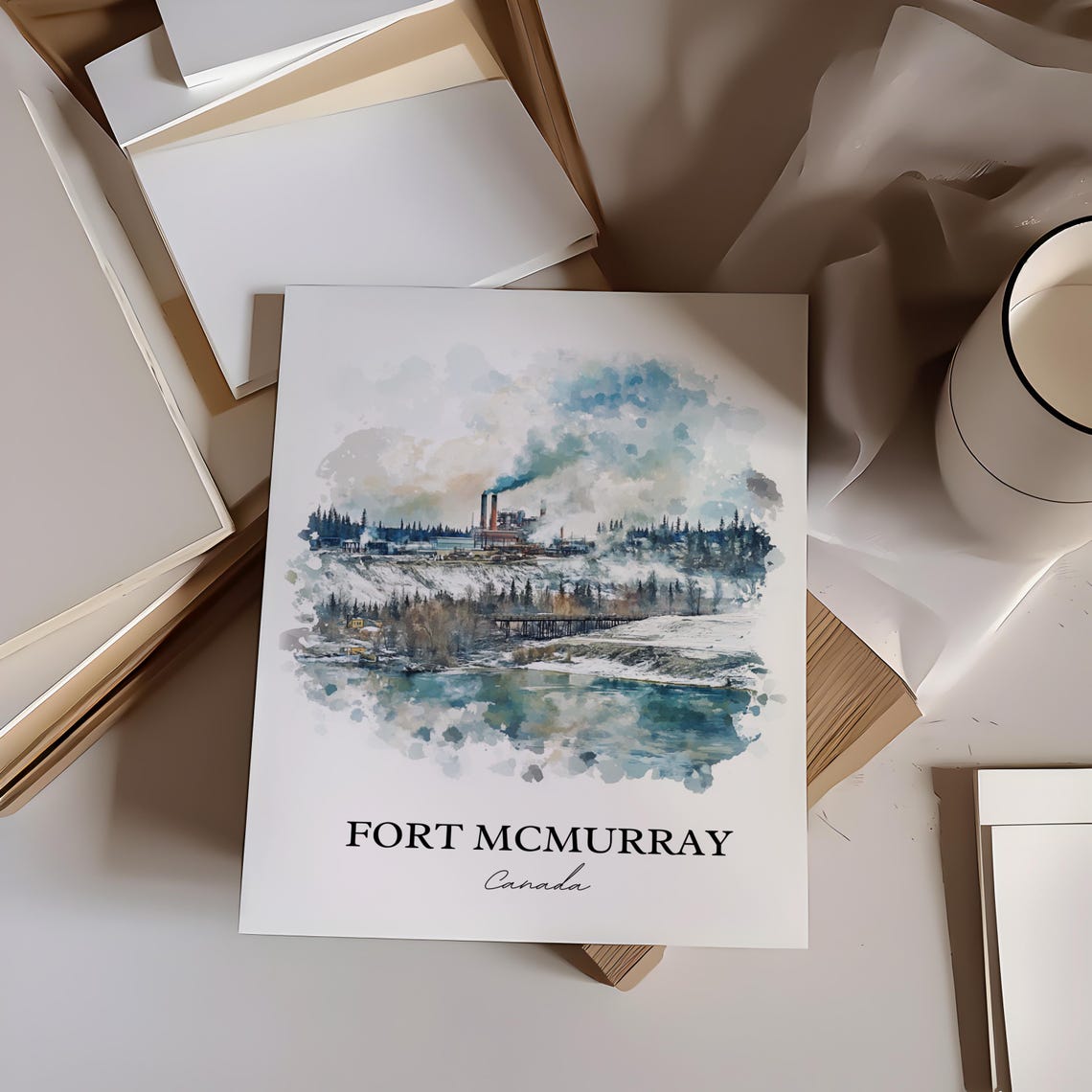 Fort McMurray Alberta Winter Industrial Skyline Watercolor Poster - Image 2
