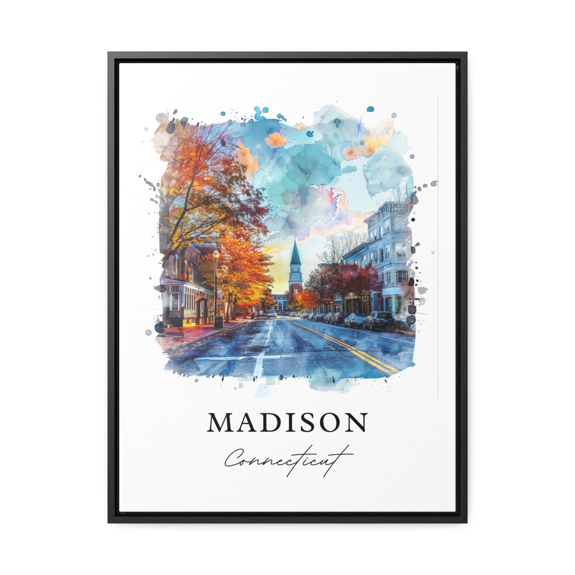 Madison Connecticut Watercolor Autumn Main Street Scene Poster - Image 3