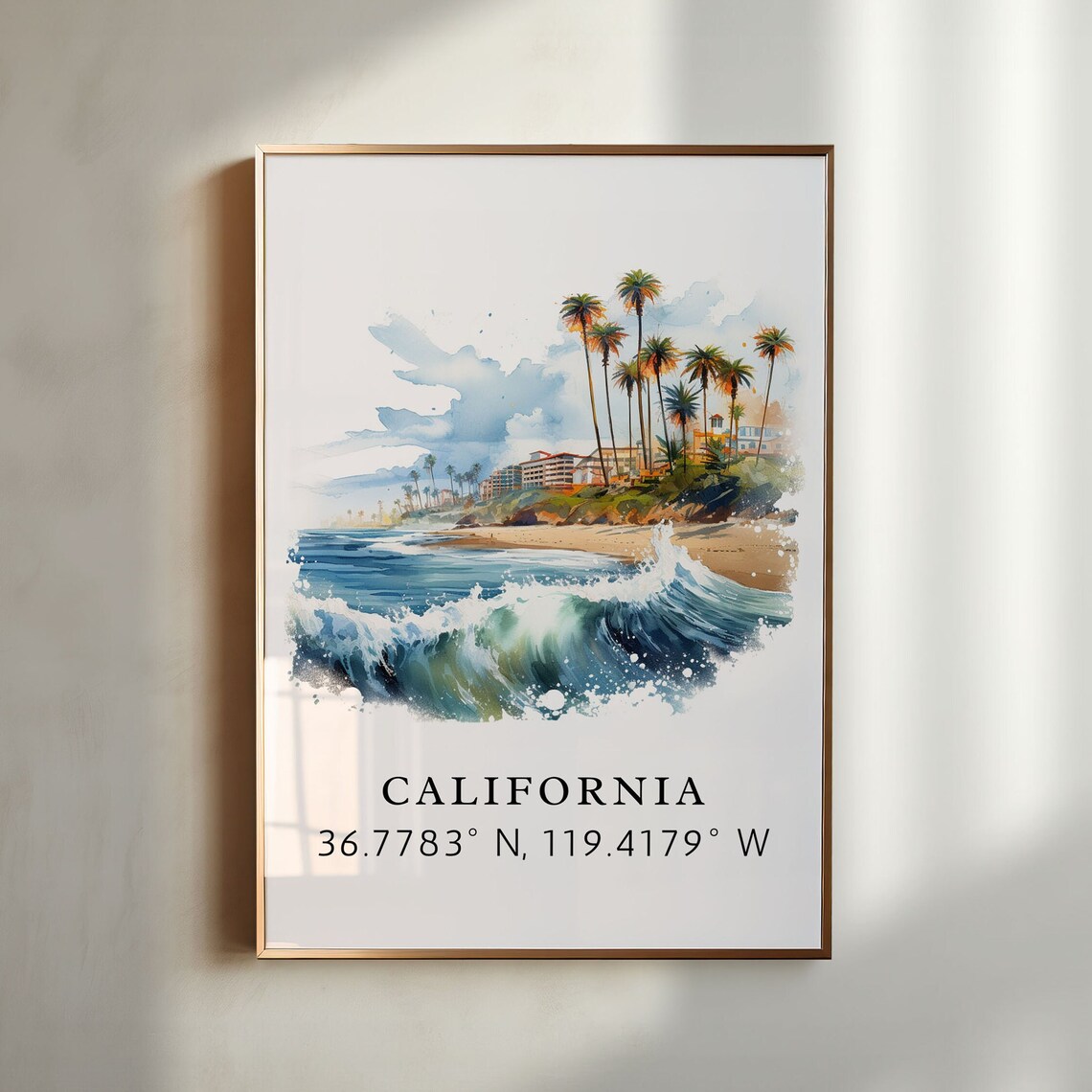California Watercolor Travel Poster, West Coast Print