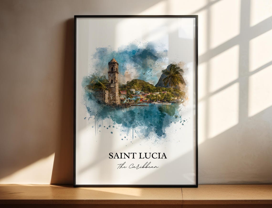 Saint Lucia Wall Art St Print Caribbean Watercolor Gift Travel Poster Housewarming