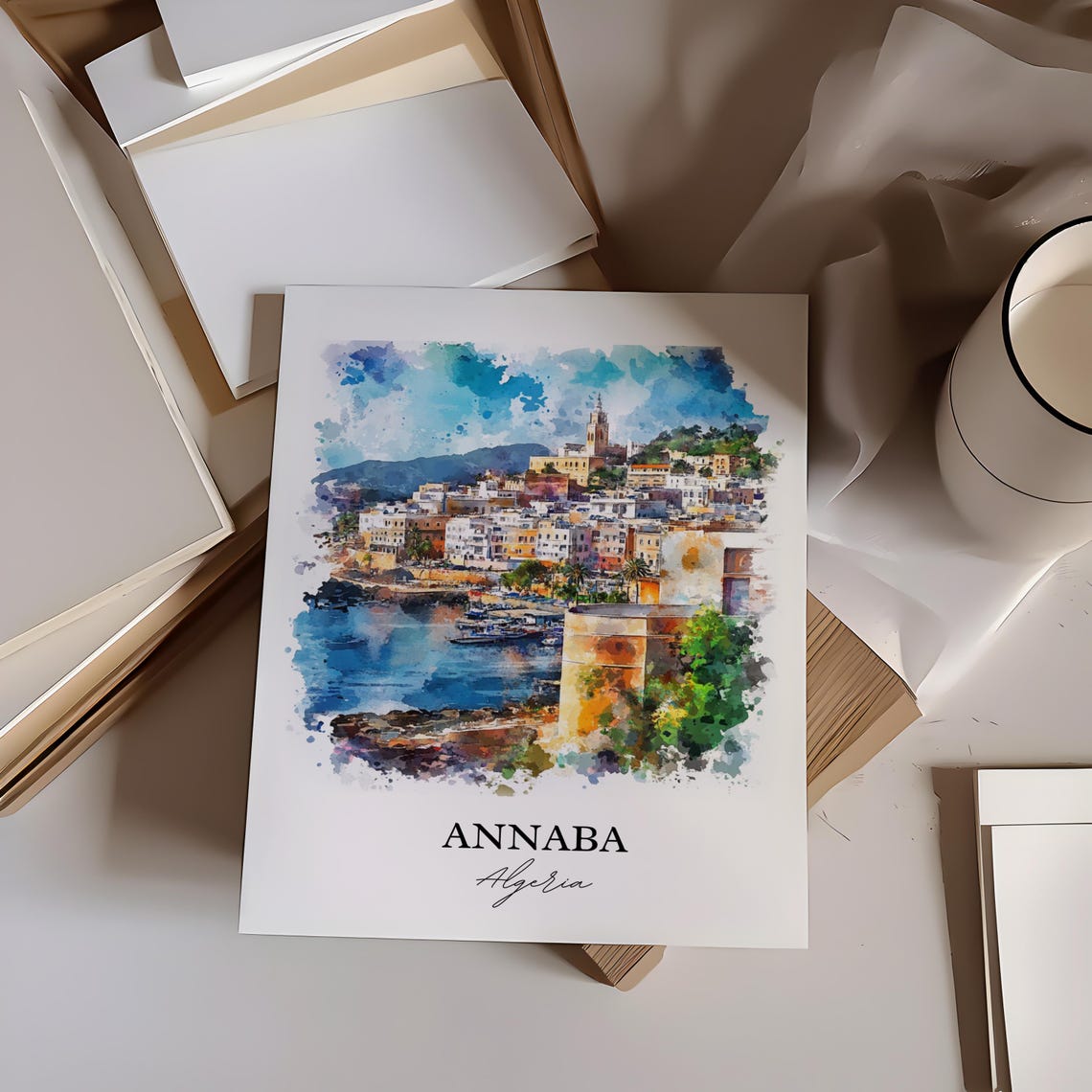 Annaba Algeria Watercolor Harbor Old Town Coastal Travel Poster - Image 3