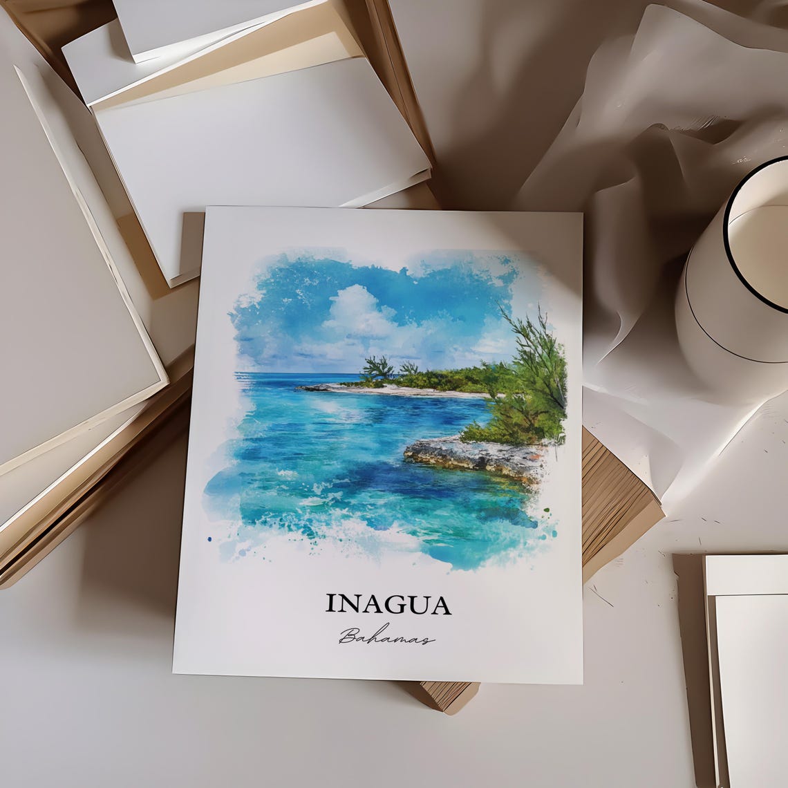 Inagua Bahamas Watercolor Turquoise Coastline Point Art Poster - Image 3