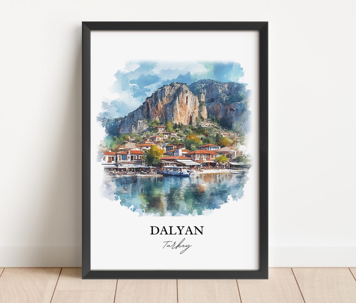 Dalyan Turkey Watercolor Harbor Town Rock Mountain Lake Poster - Image 3