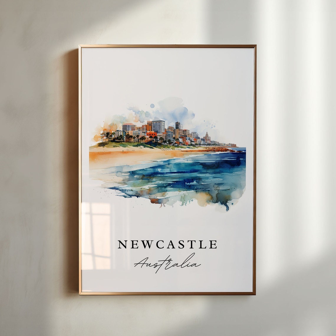 Newcastle Australia Beachfront Cityscape Watercolor Art Poster
