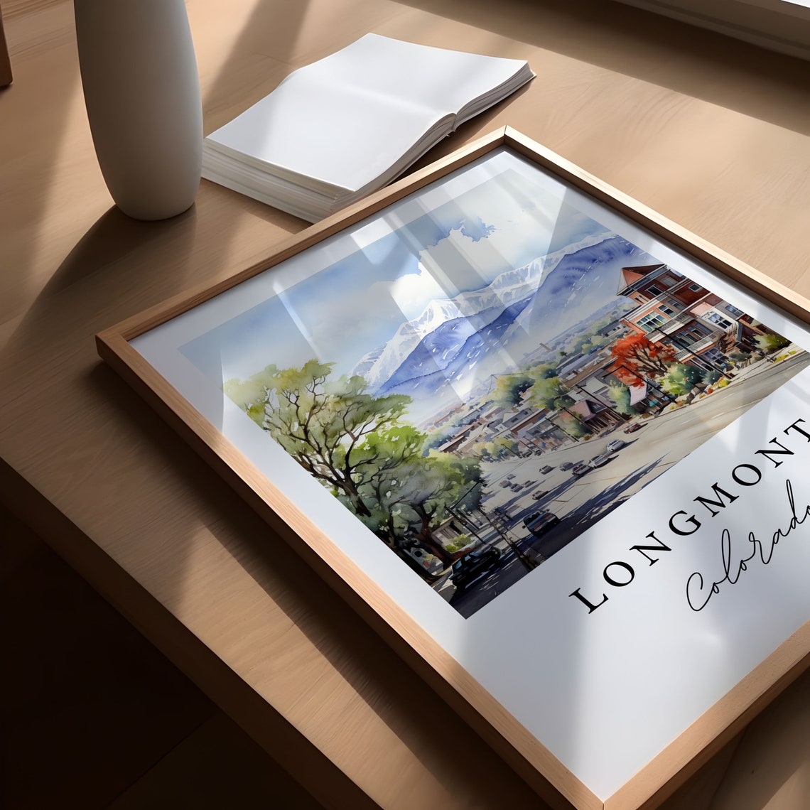 Longmont Colorado Main Street Mountain View Watercolor Travel Poster - Image 5