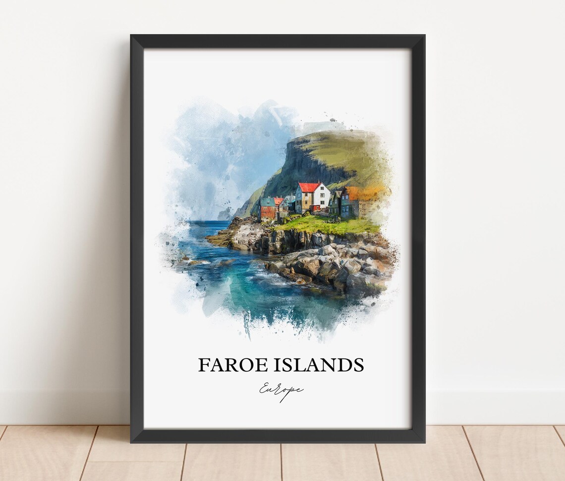 Faroe Islands Colorful Cliff Village Watercolor Europe Travel Poster - Image 2