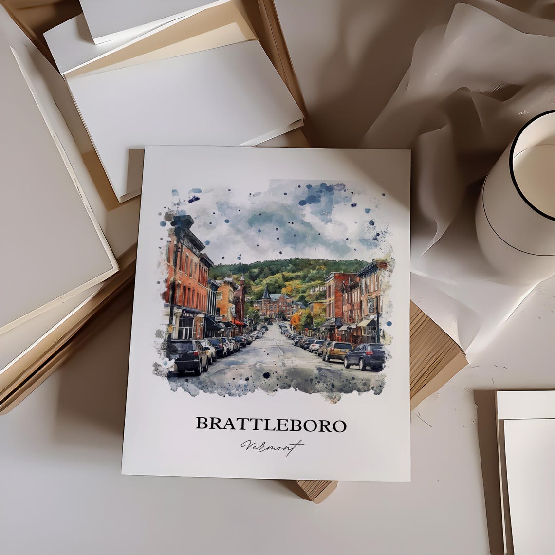 Brattleboro Vermont Historic Downtown Street Watercolor Travel Poster - Image 2