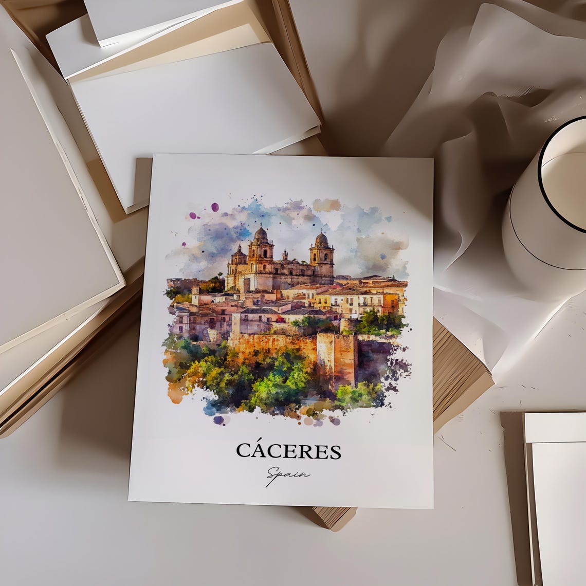 Caceres Spain Medieval Old Town Towers Watercolor Travel Poster - Image 4