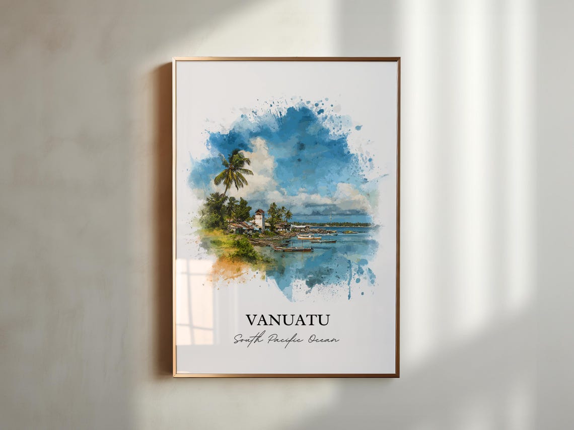Vanuatu South Pacific Harbor Boats Watercolor Island Art Poster - Image 4