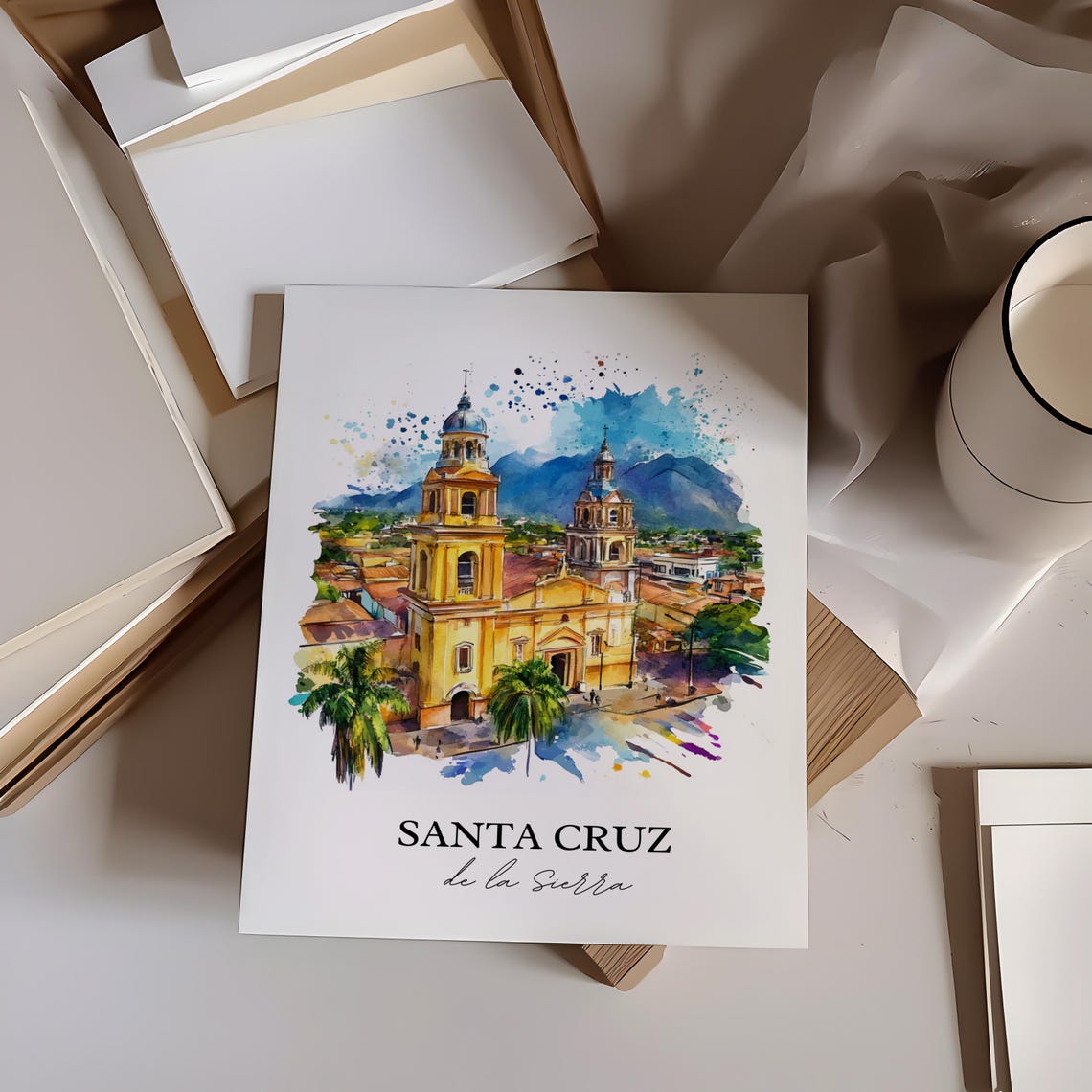 Santa Cruz de la Sierra Watercolor Cathedral Mountain View Poster - Image 4